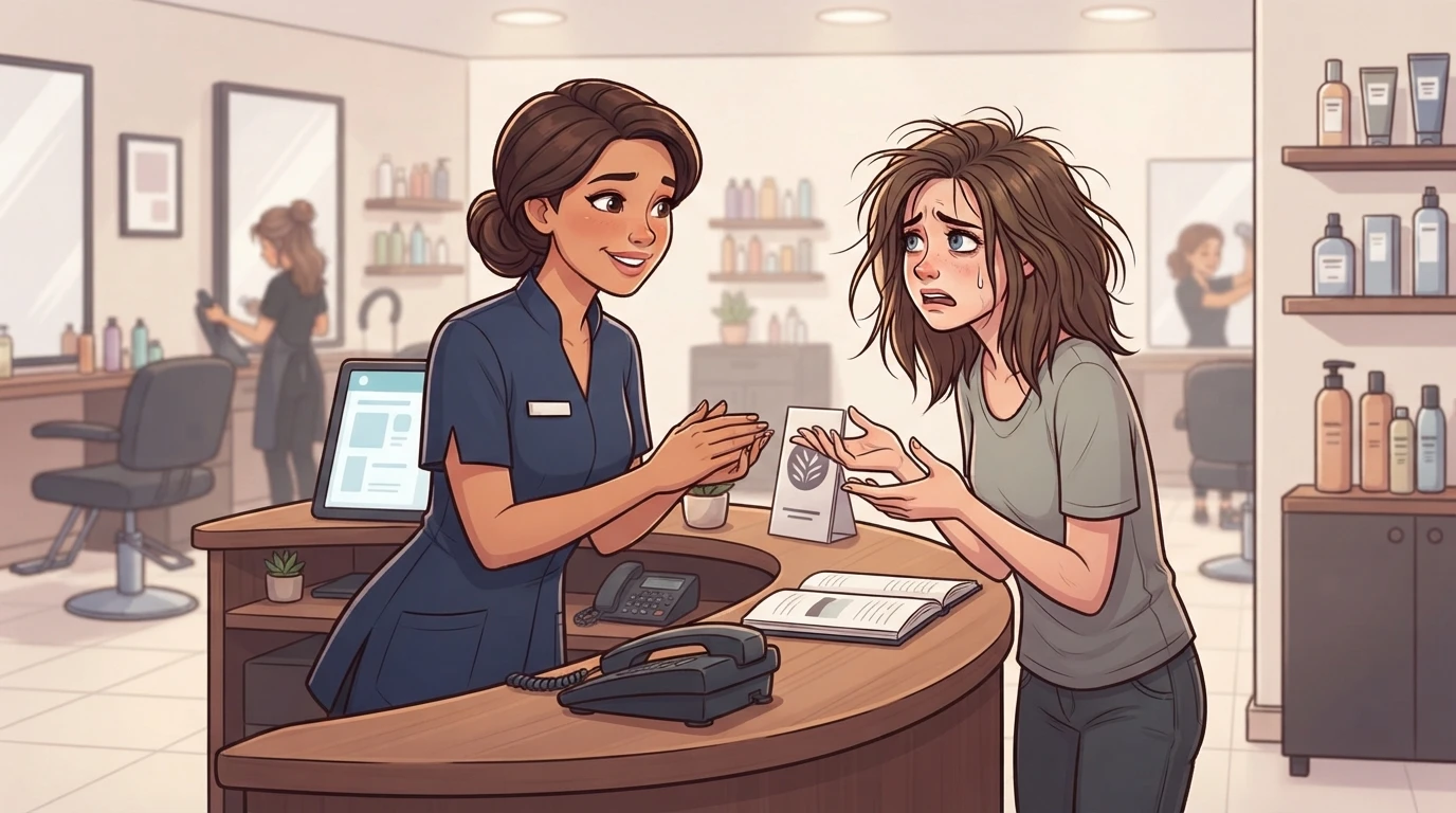 Salon receptionist comforting an upset client