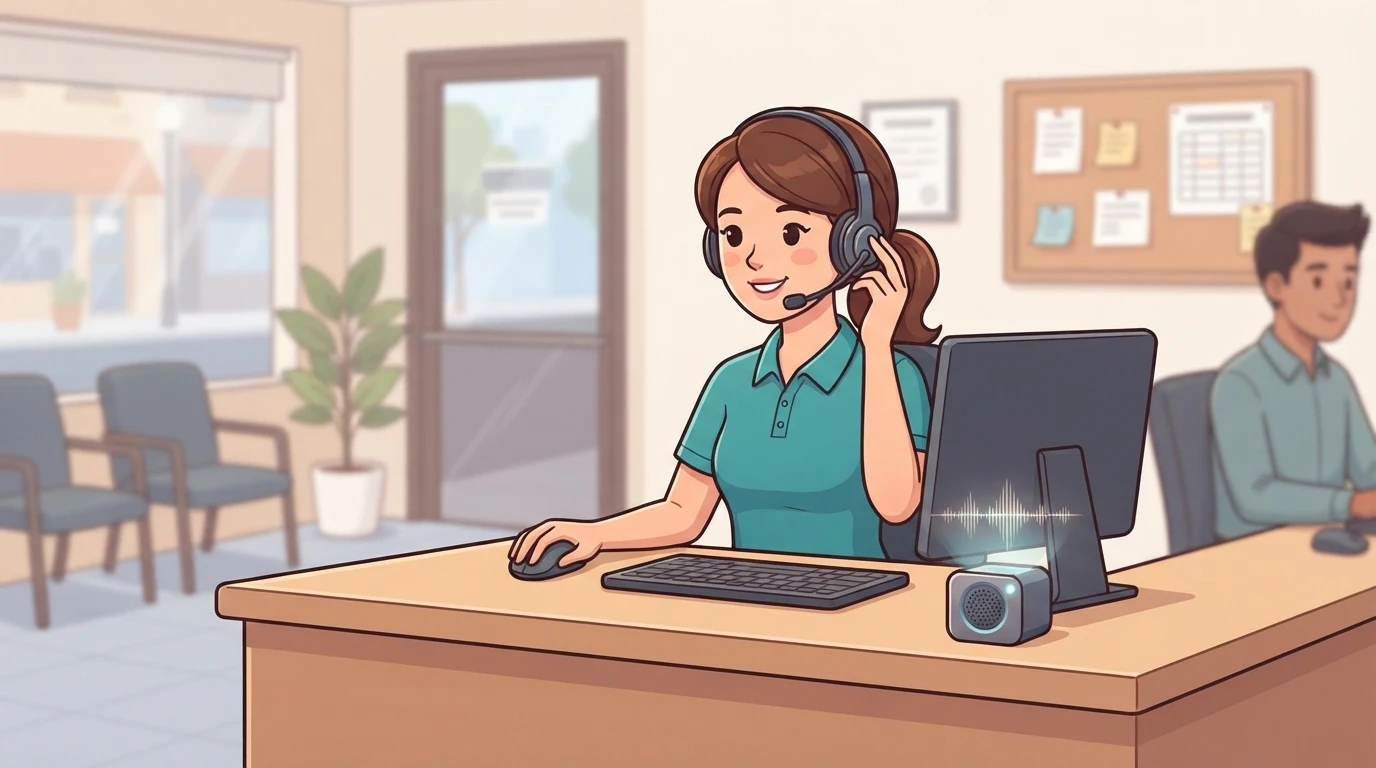 Receptionist with headset managing front desk calls
